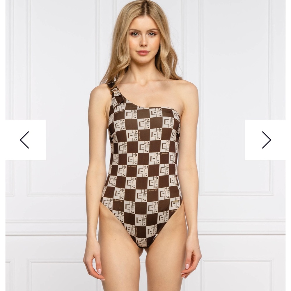 Peserico Brown One-Piece Swimsuit with Retro Checkerboard Pattern